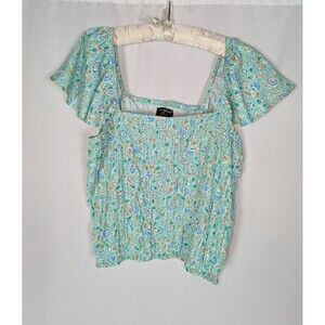 Lane Bryant Floral Smocked Crop Top Mint Green Flutter Sleeve Blouse 18 Long NWT